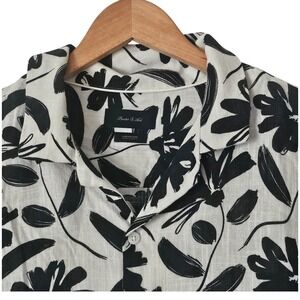 Porter & Ash Linen Blend Button Up Camp Shirt Black White Botanical Floral Sz L